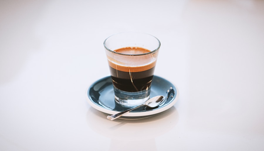 An espresso served beside a dessert